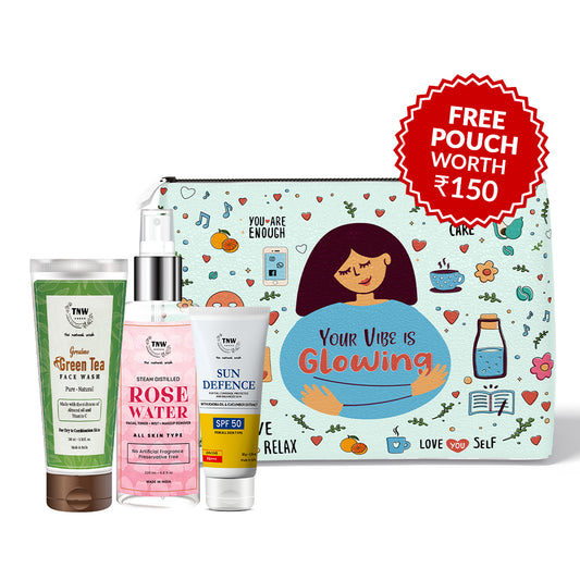 CTM Kit for Dry Skin (Green Tea face Wash, Rose water, Sun Defence SPF50 + Get a FREE Pouch)