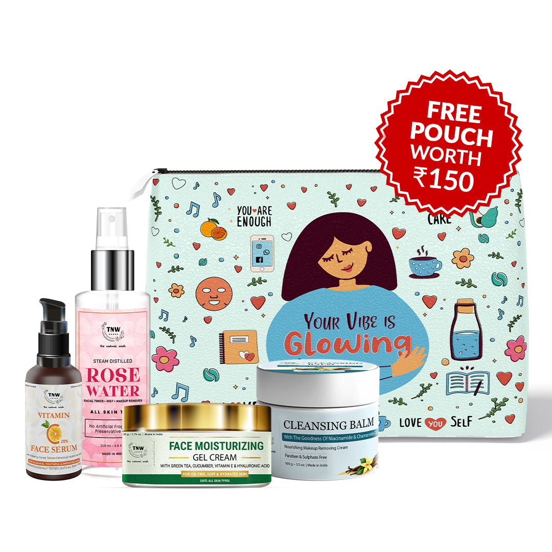 Make Up Removal Kit (Vitamin C Face Serum, Rose water, Face Moisturizing gel cream, Cleansing balm +FREE Pouch)