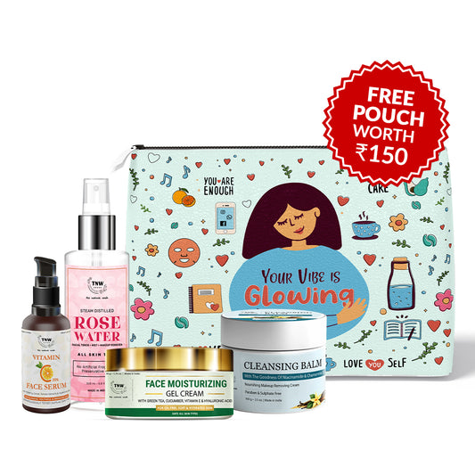Make Up Removal Kit (Vitamin C Face Serum, Rose water, Face Moisturizing gel cream, Cleansing balm + Get a FREE Pouch)