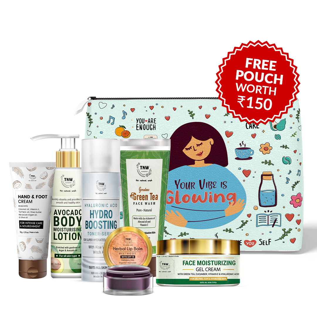 Winter Combo (Hand & Foot cream, Avocado body lotion, Hydro boosting toner-serum, Herbal lip balm, Green tea face wash, face moisturizing gel cream + FREE Pouch)