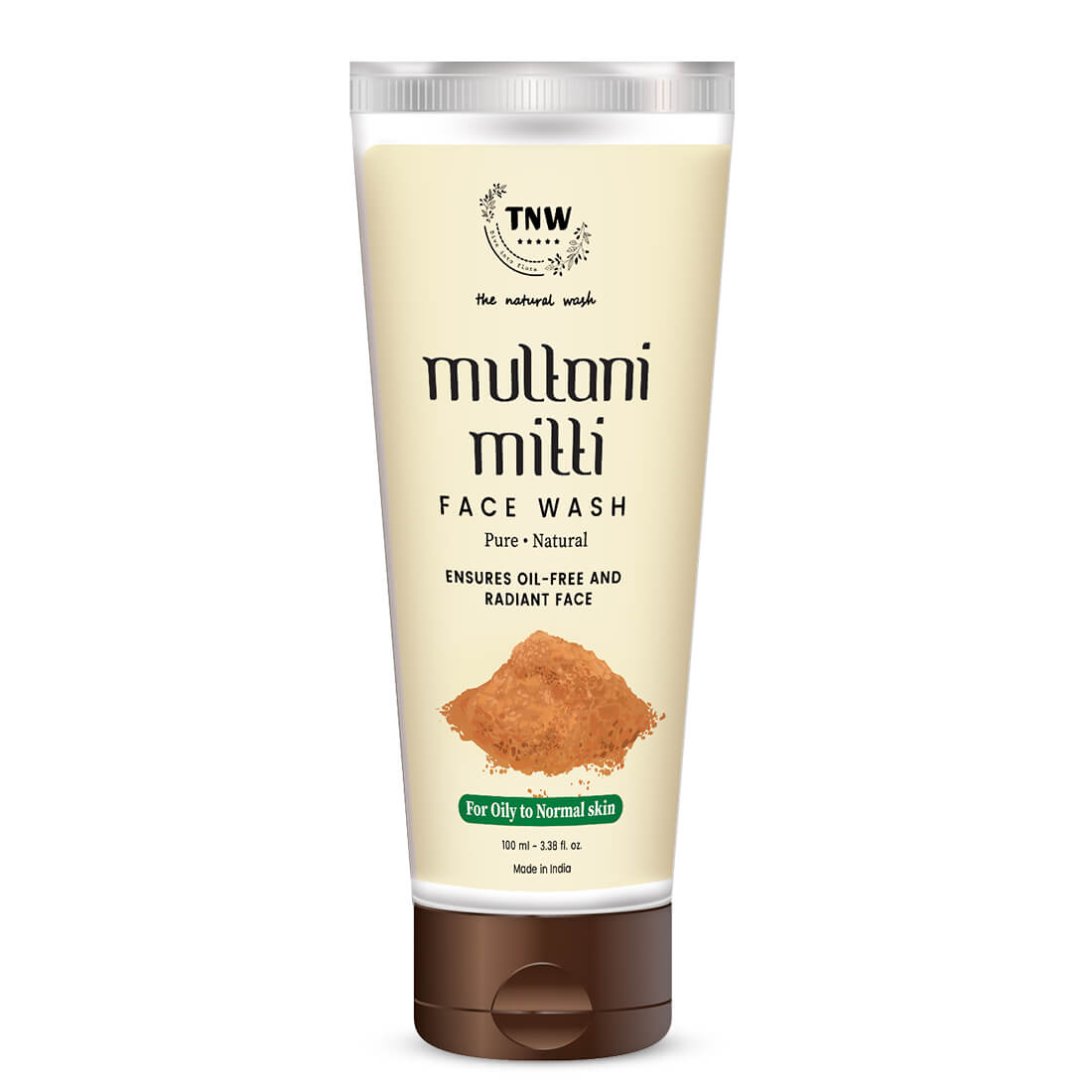 Multani Mitti face wash tube with brown powder on a white background