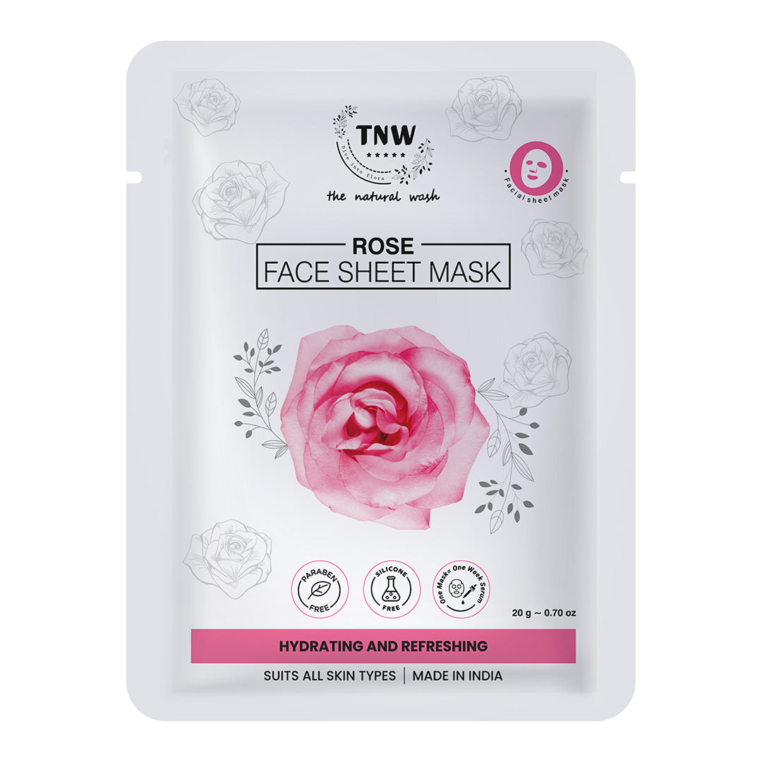 Packaging of TNW The Natural Wash Rose Face Sheet Mask, featuring a pink rose design, highlighting hydration and refreshing properties, and indicating it's suitable for all skin types.