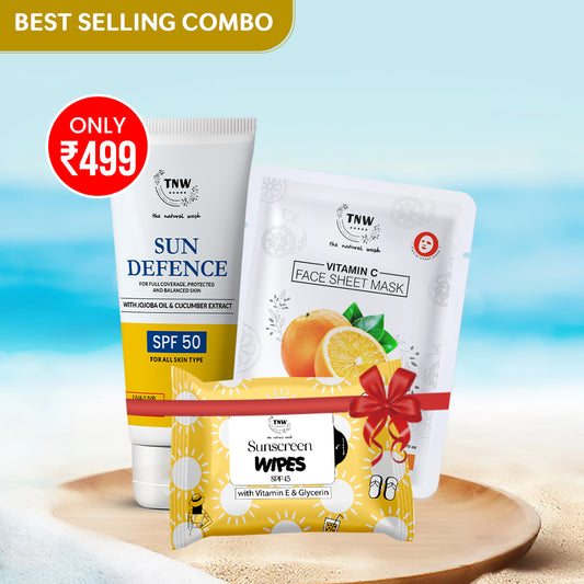 ULTIMATE CARE - SUN DEFENCE SPF 50 CREAM + VITAMIN C FACE SHEET MASK + SUNSCREEN WIPES FOR REMOVING DIRT (Summer Combo)