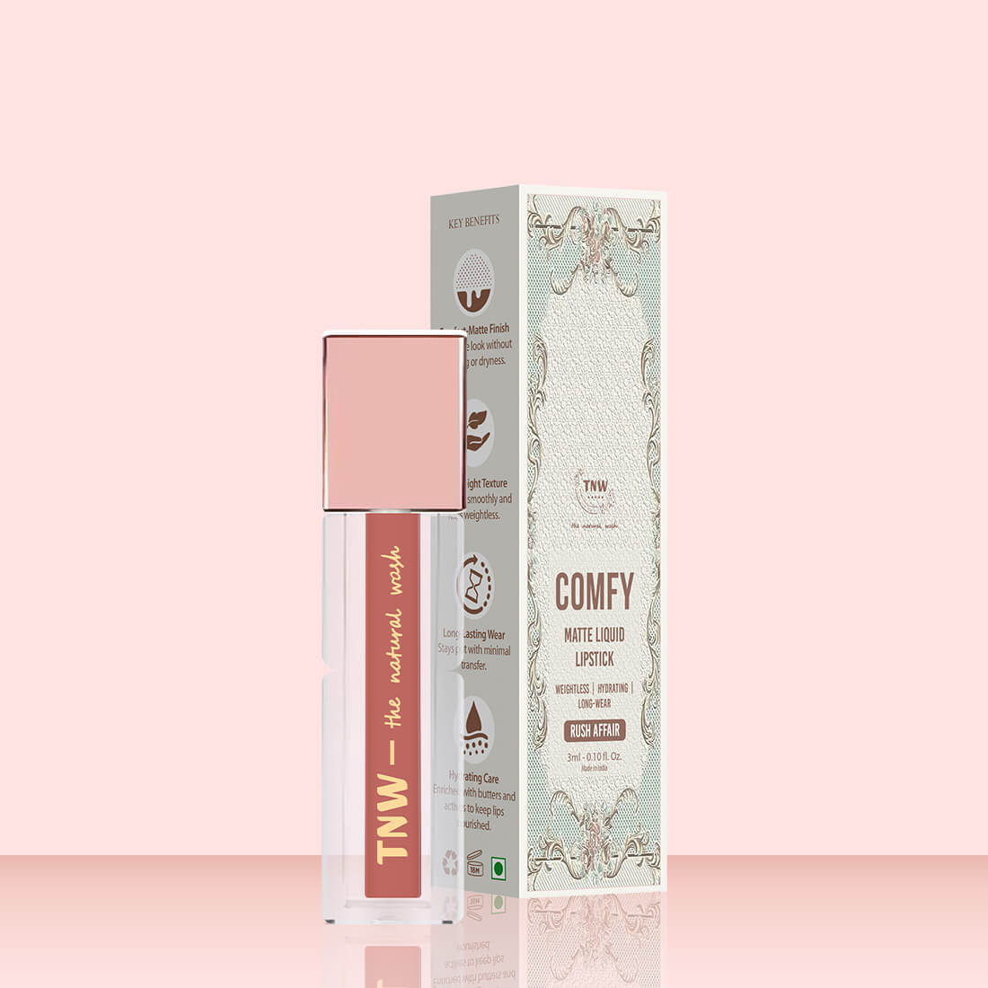 Comfy Matte Liquid Lipstick | 01 Rush Affair | Weightless, Hydrating & Long-Wear | Shea Butter, Hyaluronic Acid & Jojoba Oil | Paraben-Free | 3ml