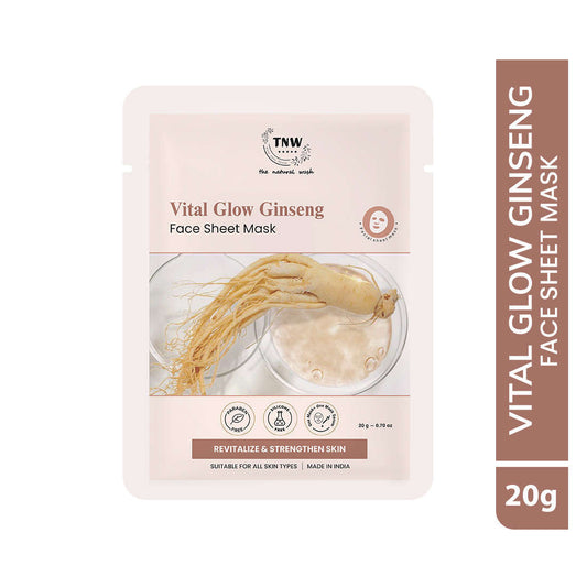 Vital Glow Ginseng face sheet mask packaging with ginseng root illustration on a white background