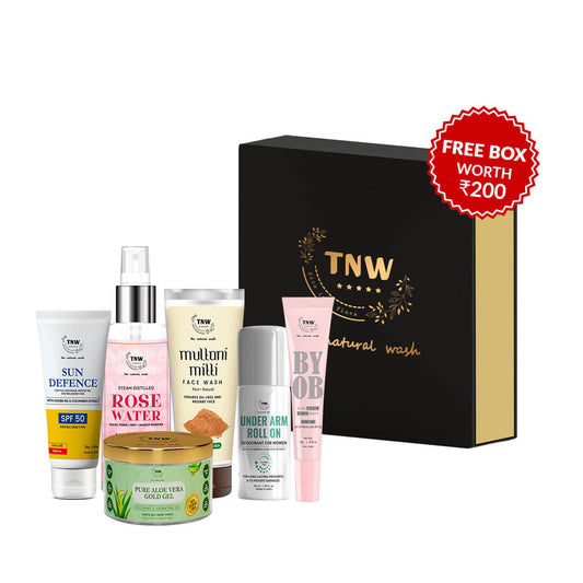 Summer Combo (Spf 50 Cream, Rose Water 200 ml, Pure aloe vera gold gel, Multani mitti face wash, under arm roll on (Women), pH lip balm + Get a FREE box)