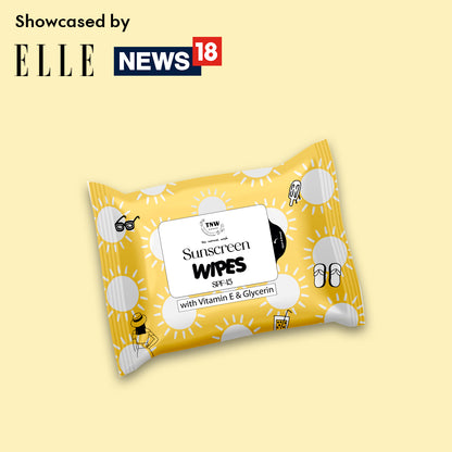 Sunscreen wipes packaging with 'ELLE News' branding on a yellow background