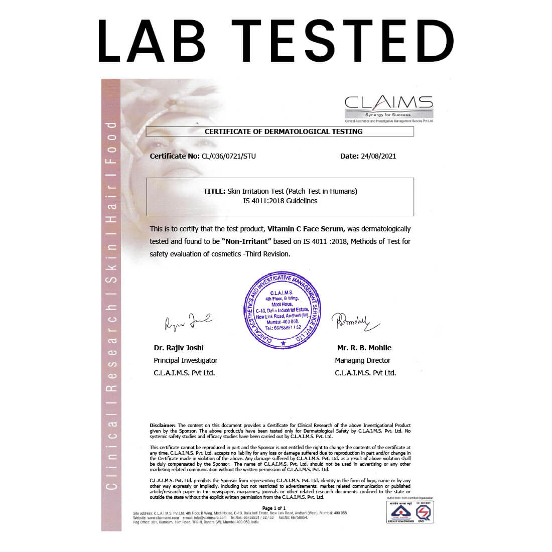 Certificate of Dermatological Testing for a Vitamin C Face Serum with 'Lab Tested' text above.