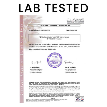 Certificate of Dermatological Testing for a Vitamin C Face Serum with 'Lab Tested' text above.