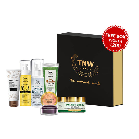 Winter Combo (Hand & Foot cream, SPF 60 Body Lotion, Hydro boosting toner-serum, Herbal lip balm, Green tea face wash, face moisturizing gel cream + Get a FREE Pouch)