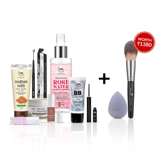 Glow & Glam 8-in-1 Combo: Multani Mitti Face Wash | Eyeliner | Gel Kajal | BB Cream Light | Lip Boss (Gossip Peach) | Liquid Blush (Bubli) | De-Tan Pack | Rose Water