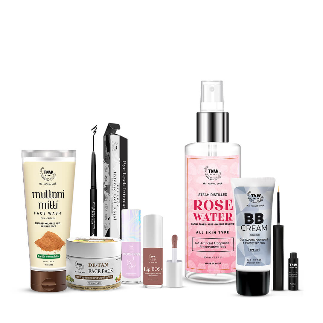 Glow & Glam 8-in-1 Combo: Multani Mitti Face Wash | Eyeliner | Gel Kajal | BB Cream | Lip Boss oil  | Liquid Blush | De-Tan Pack | Rose Water 200ml