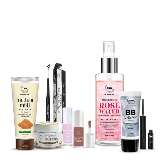 Glow & Glam 8-in-1 Combo: Multani Mitti Face Wash | Eyeliner | Gel Kajal | BB Cream | Lip Boss oil  | Liquid Blush | De-Tan Pack | Rose Water 200ml