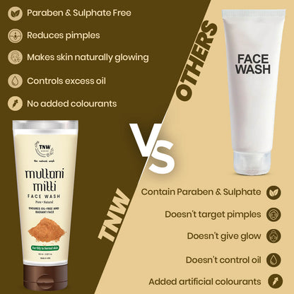Comparison between Multani Mitti face wash and TNW face wash with features listed.