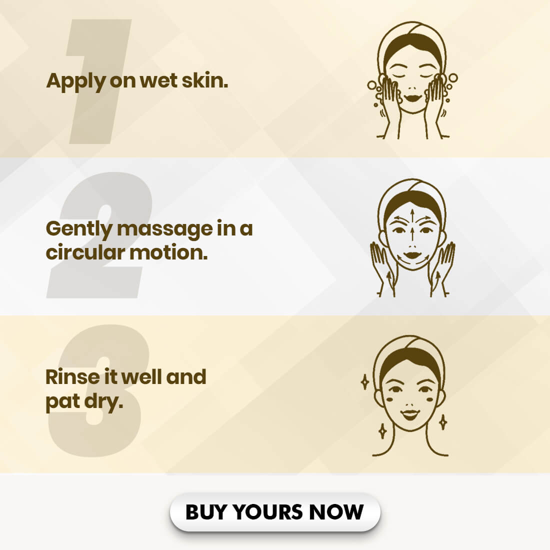 Step-by-step guide for using a skincare product with icons and text on a beige background.