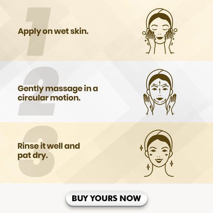 Step-by-step guide for using a skincare product with icons and text on a beige background.