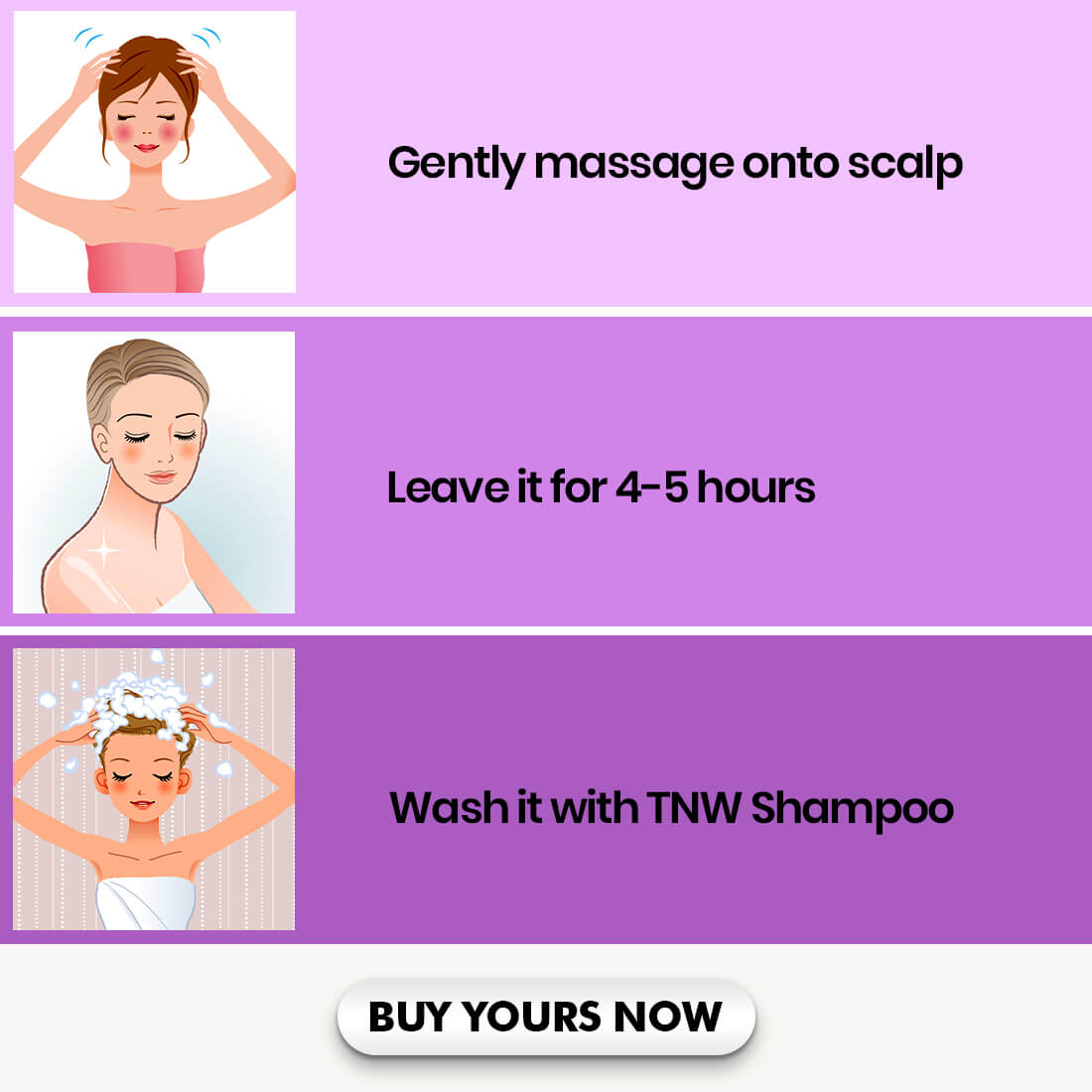 Step-by-step guide for using TNW Shampoo with illustrations and text on a purple background.