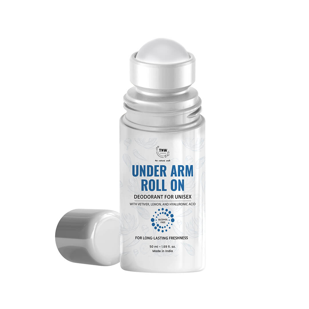Underarm roll-on deodorant with cap on a white background