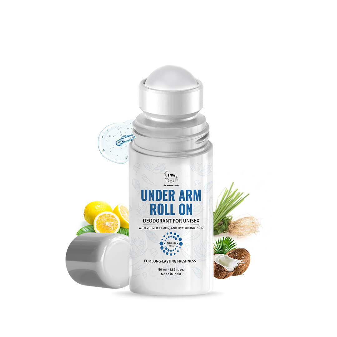 Underarm roll-on deodorant with ingredients depicted on a white background