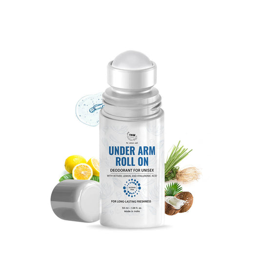 Underarm roll-on deodorant with ingredients depicted on a white background
