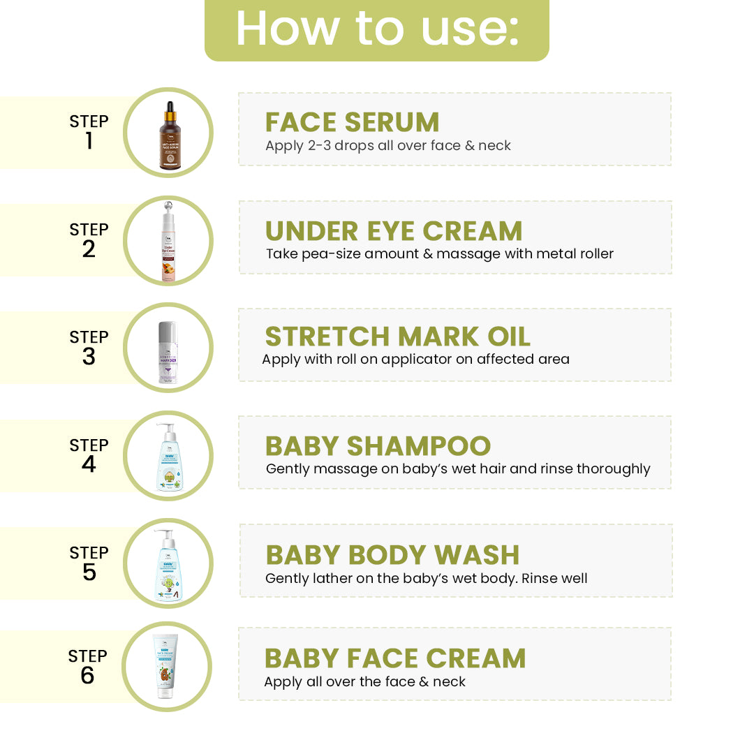 Mother & Baby Care Hamper (Baby face cream, Under eye cream, Stretch mark oil, baby shampoo, baby face and body wash, Anti-ageing face serum + Free gift box)
