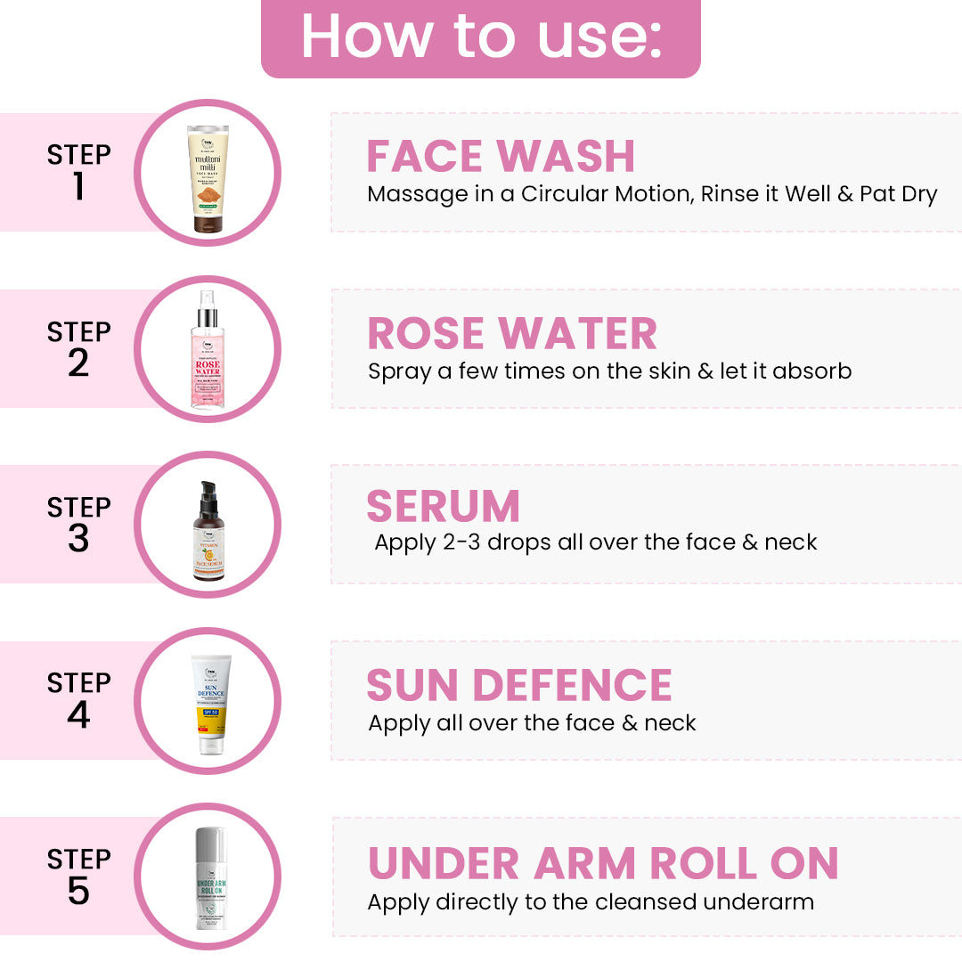 Morning Skin Care Hamper (Vitamin C face Serum, Multani Mitti face wash, Sun defence SPF50, Rose water, Under arm roll on + free box)