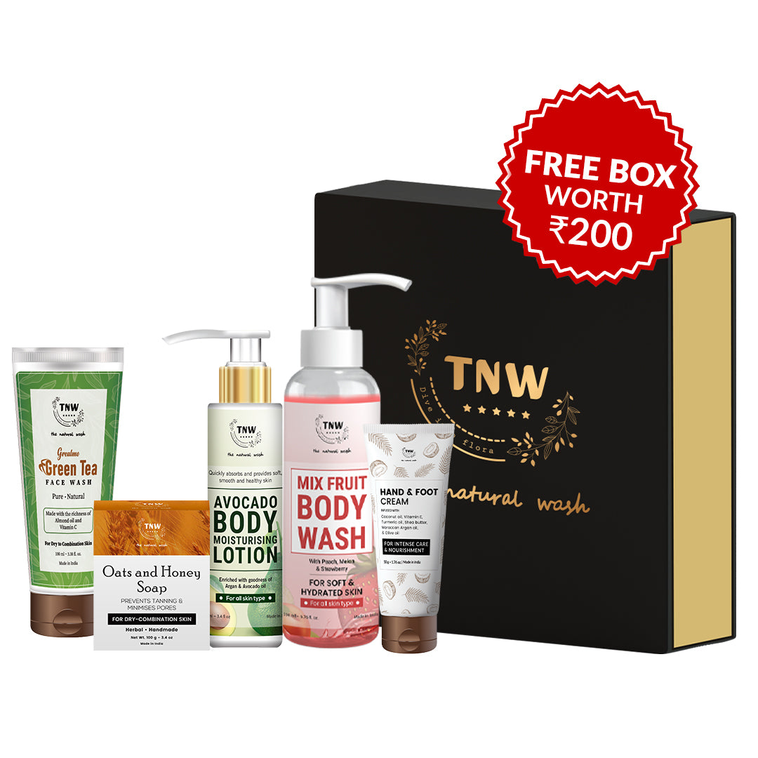 Dry Skin Essential Hamper (Green Tea face wash, Oats & Honey soap, Avocado Body lotion, Mix Fruit Body wash, Hand & foot cream + Get a FREE Box)