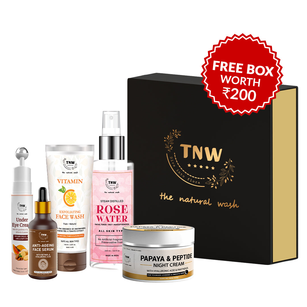 Night Skincare Hamper (Under Eye cream, Anti-agenig face serum, Vitamin-C Exfloating face wash, Rose water, Papaya & Peptide night cream + Get a FREE gift box)